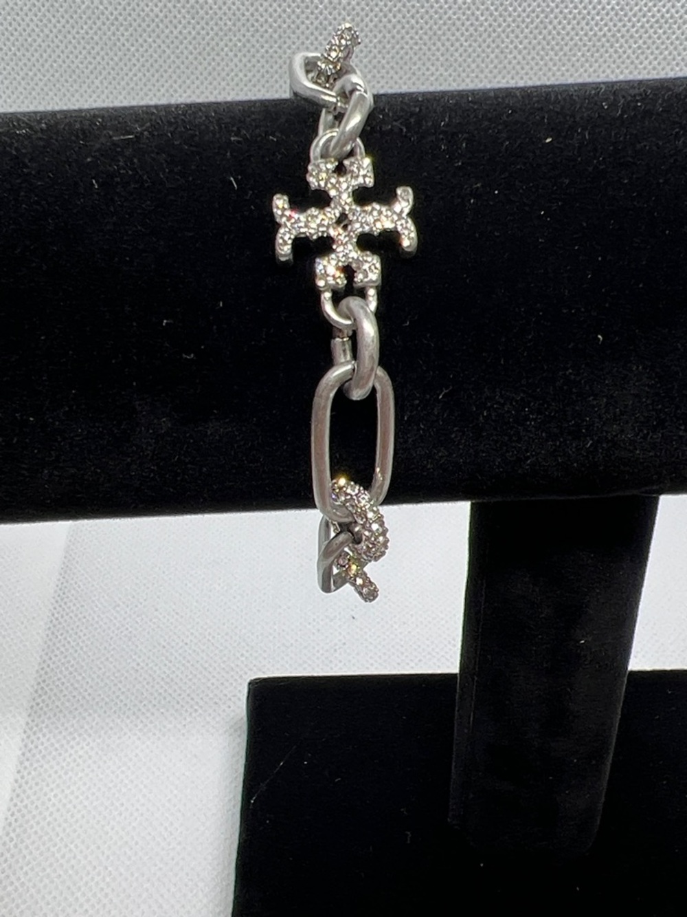 Tory Burch Silver-Tone Crystal Logo Link Bracelet